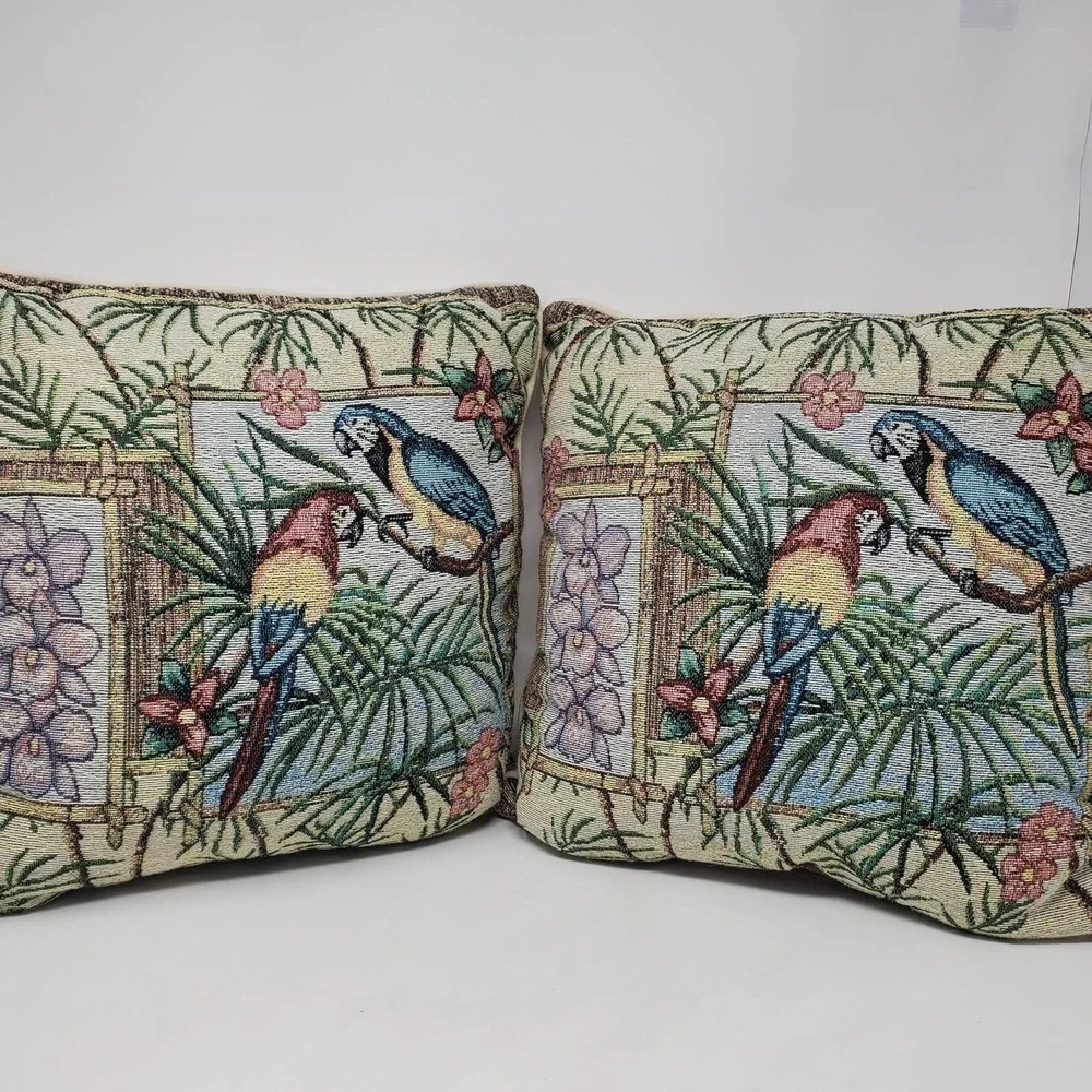 Parrot & Palm Tree Tapestry Pillows Set of 2 Tropical Jungle Decor Coastal Boho